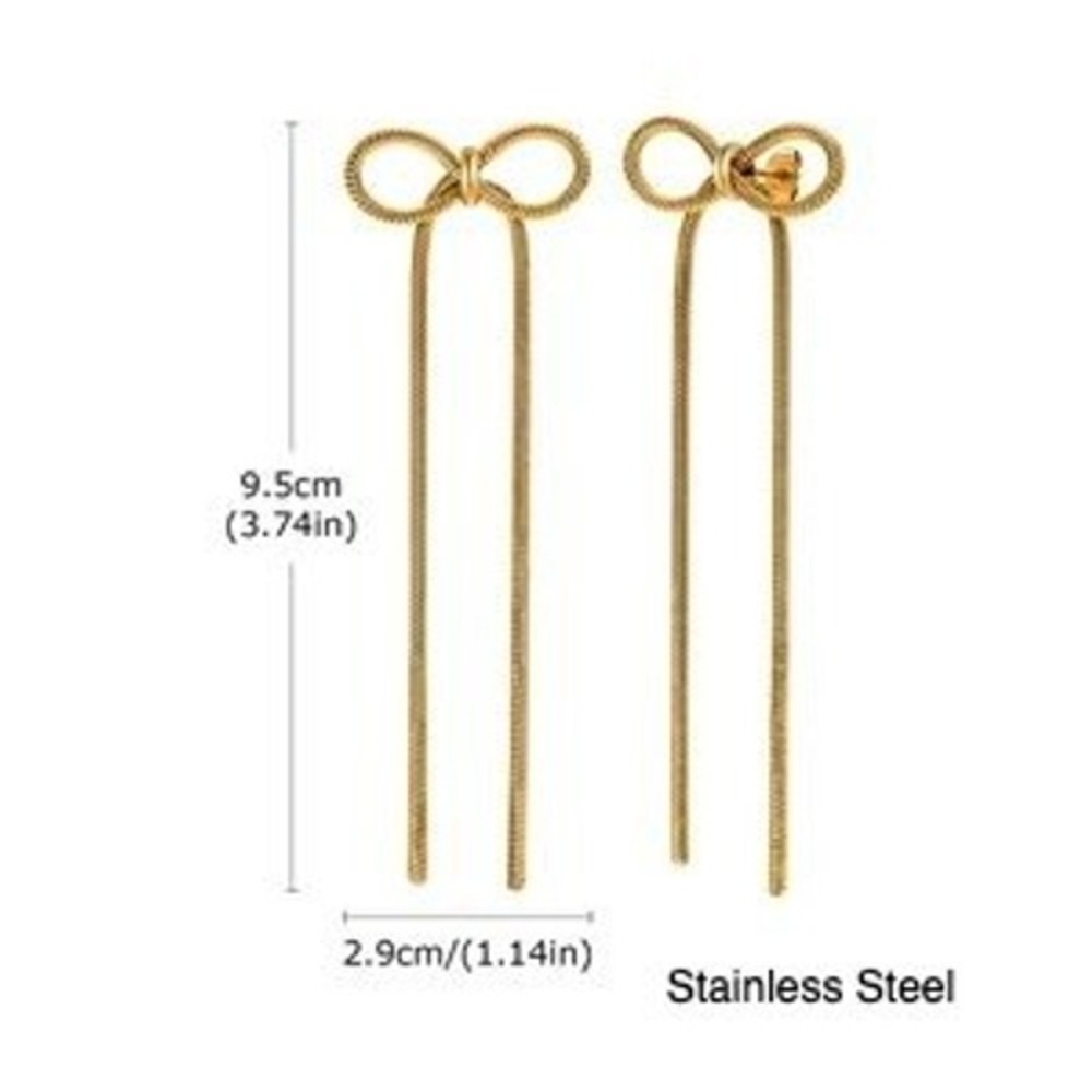 Gold Bow Drop Earrings Stainless Steel Long Snake Chain Tassel Coquette Jewelry - Picture 2 of 2